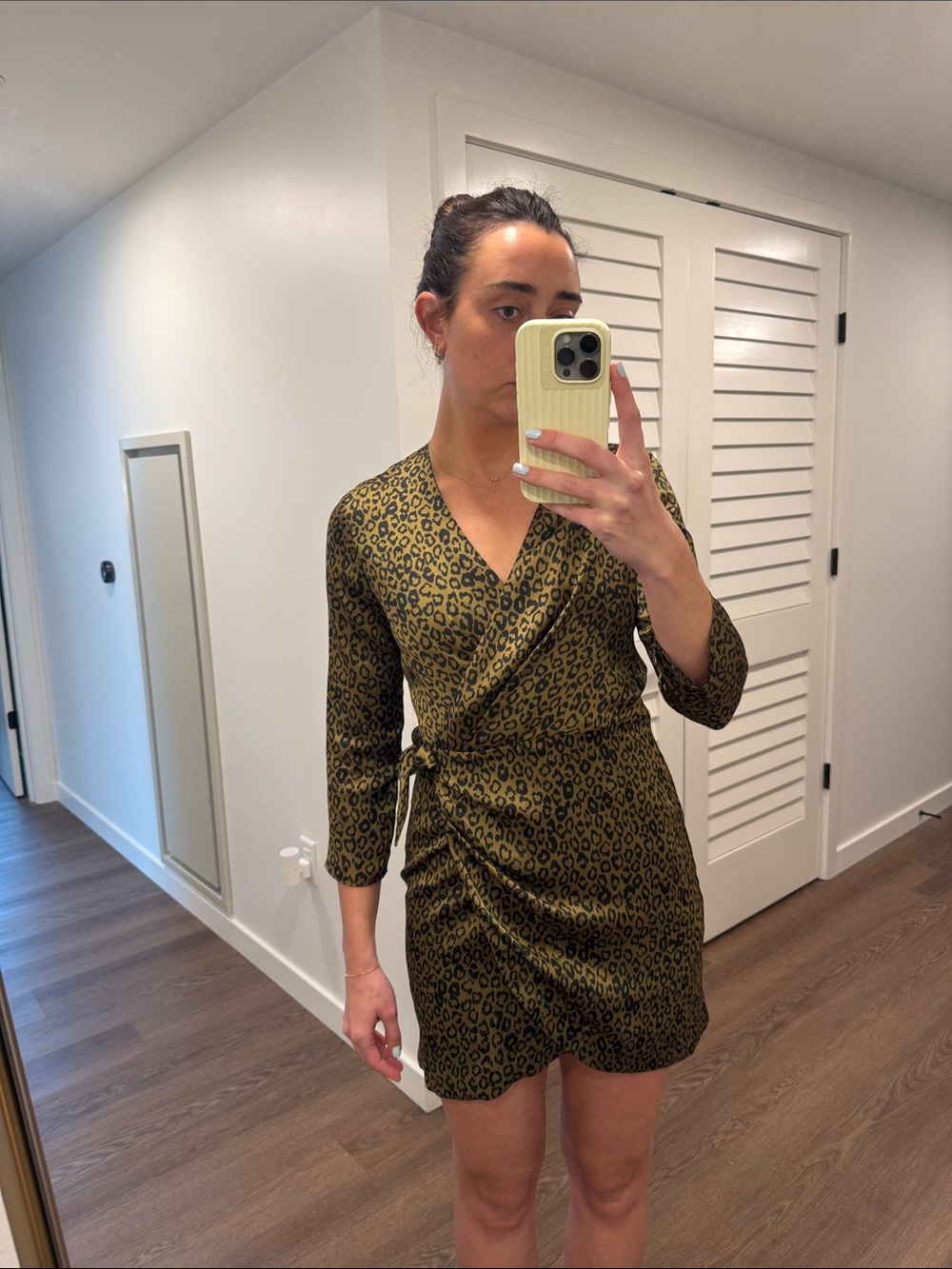 Mango Olive Green Leopard-Print Wrap Mini Dress
